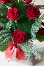 Load image into Gallery viewer, Winter green Dozen red roses