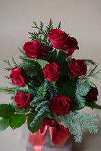 Load image into Gallery viewer, Winter green Dozen red roses